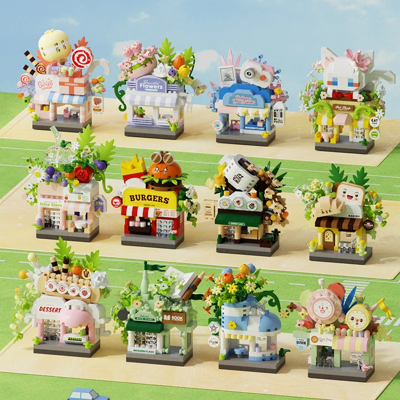 

Library Candy Store Pet Store Bread Street View Coffee Shop City Miniature Small Building Blocks Ornaments Store Children's Toys