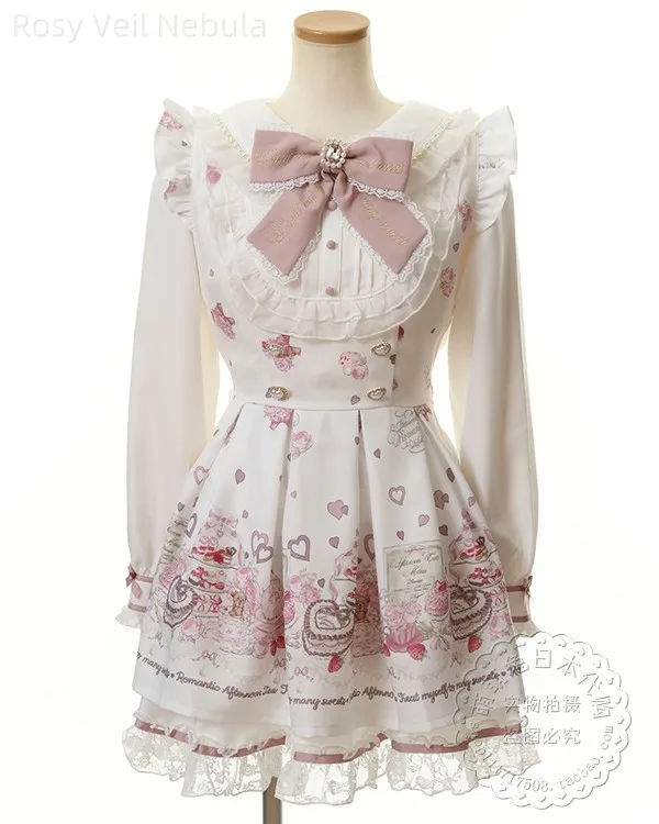 طقم فستان ليز 2025 ربيع جديد لطيف دمية طوق كم طويل مطبوعة الكشكشة مطوي فستان + تنورة قصيرة الزي نمط الشاي بعد الظهر #2