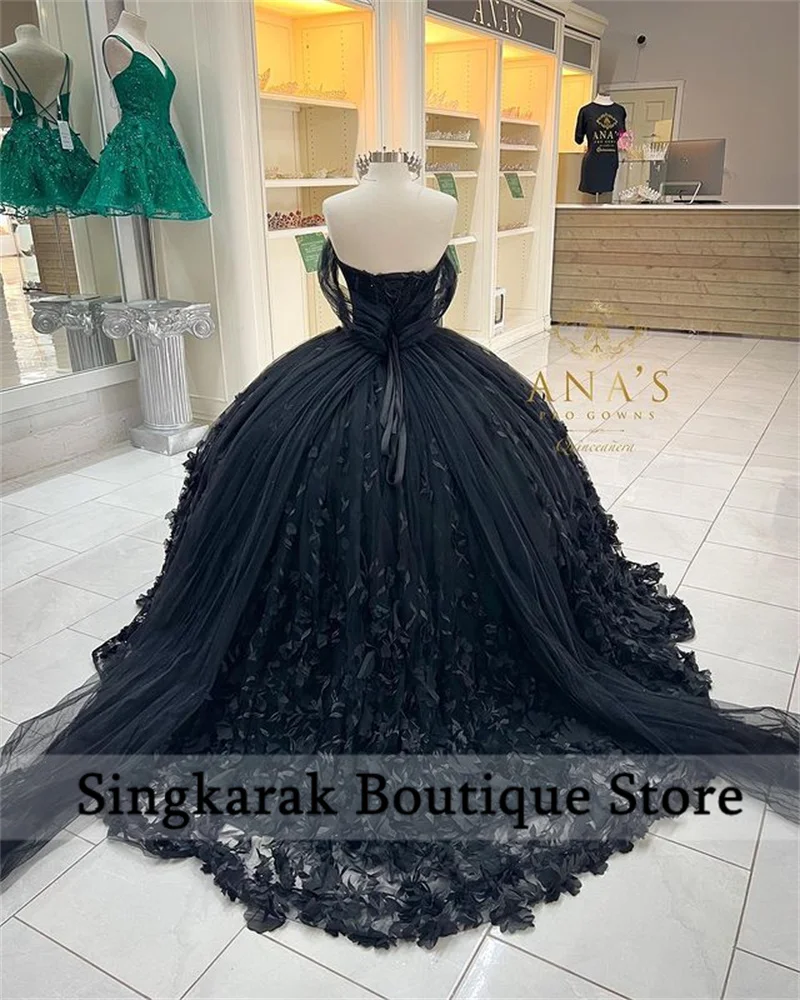 Baru datang bunga hitam gaun bola Quinceanera gaun bahu terbuka applique beadsssweet 16 gaun Vestidos De 15 Aurus Lace-Up