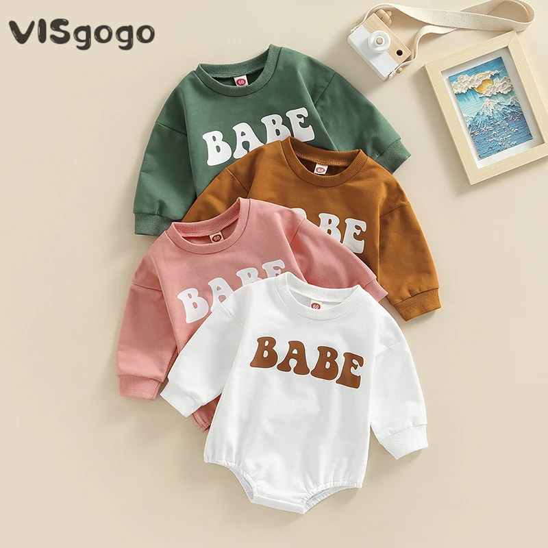 

VISgogo Newborn Baby Romper Spring Fall Clothes for Boys Girls Letter Print Long Sleeve Pullover Bodysuits Jumpsuits 0-18 Months