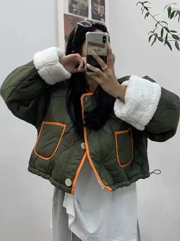 

Retro Sle Quilted Cotton Jaet Women's round Ne ort Coat Warm Fce Lined Diamond Pattern Embroidered No-Cap Daily Wear