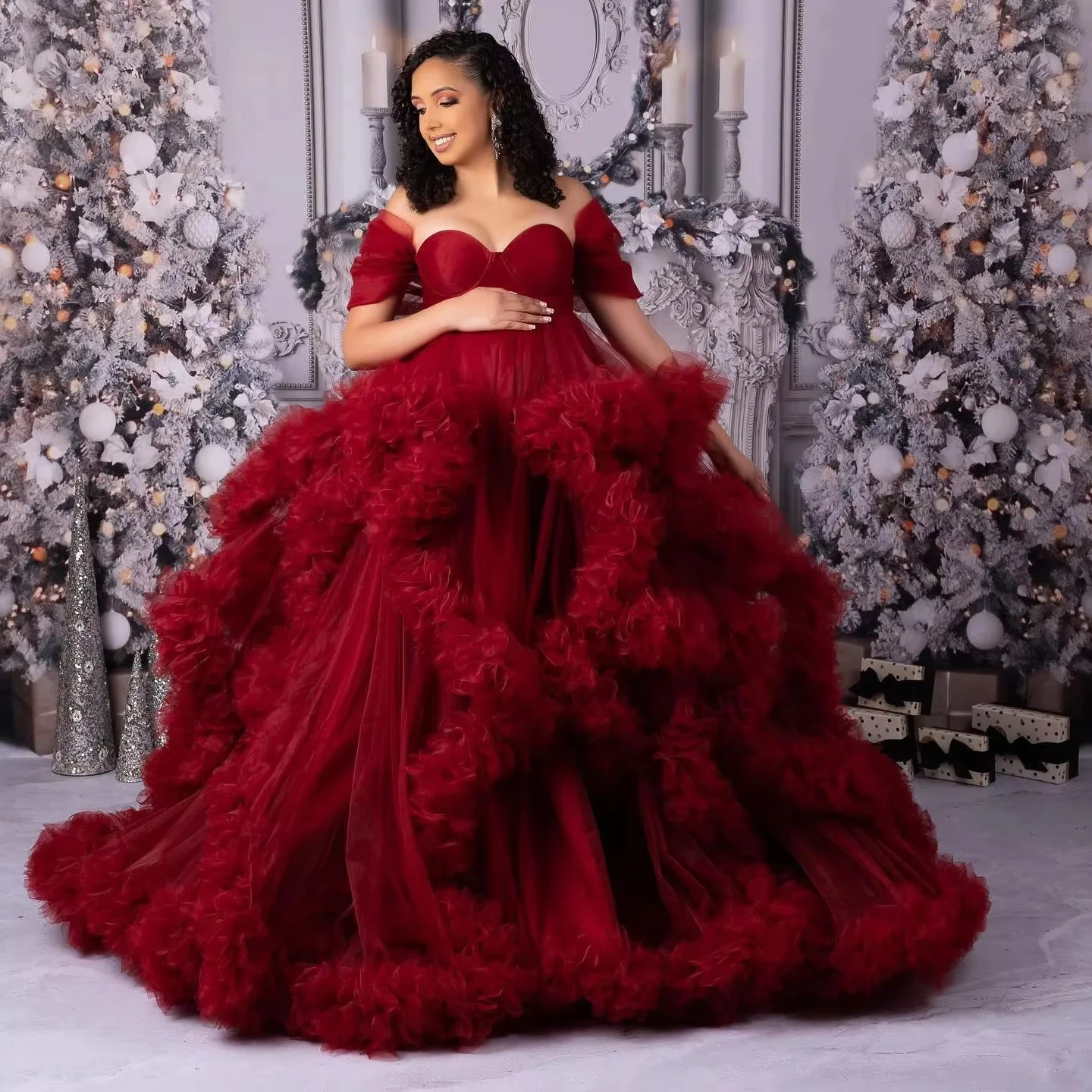 Luxury Red Maternity Photoshoot Dress Pregnancy Gown Off The Shoulder Tulle Robe Pregnant Women Long Robe A Line Bridal Dress