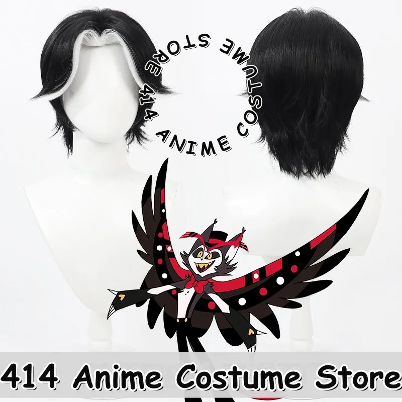 

Game & Anime Husk Cosplay Wig HazDin Kotel Black Widow's Peak White Streaks Flipped-up Heat-Resistant Fiber Synthetic Hair