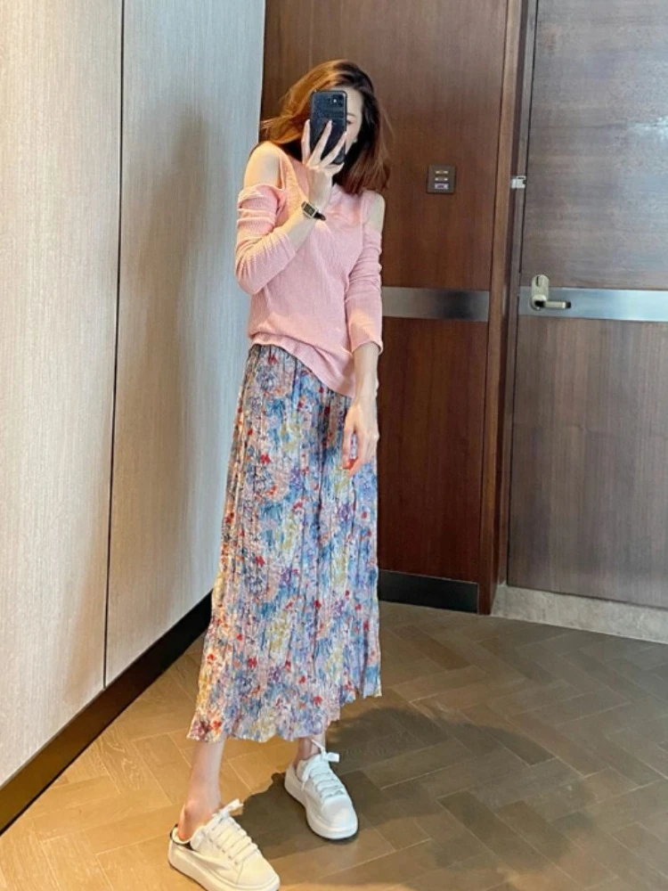 2026 New Korean Style Summer Girlish Charm Skirt Soft Sweetheart Floral Print Mid Length Ethereal Dress For Women