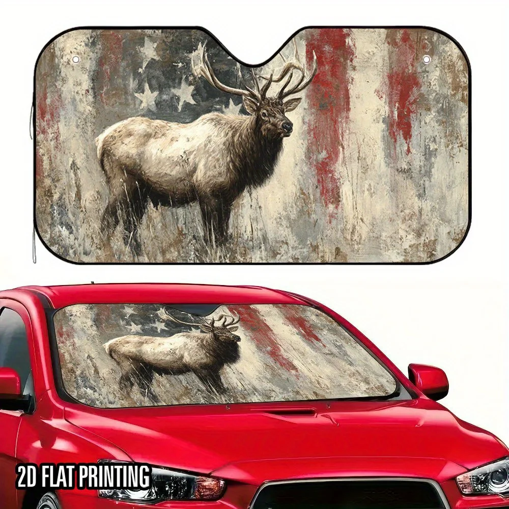 1pc Majestic Elk & Distressed American Flag Design Car Sunshade - Foldable Fit For Cars, SUVs, Trucks, 4 Suction Cups, Heat-Resi
