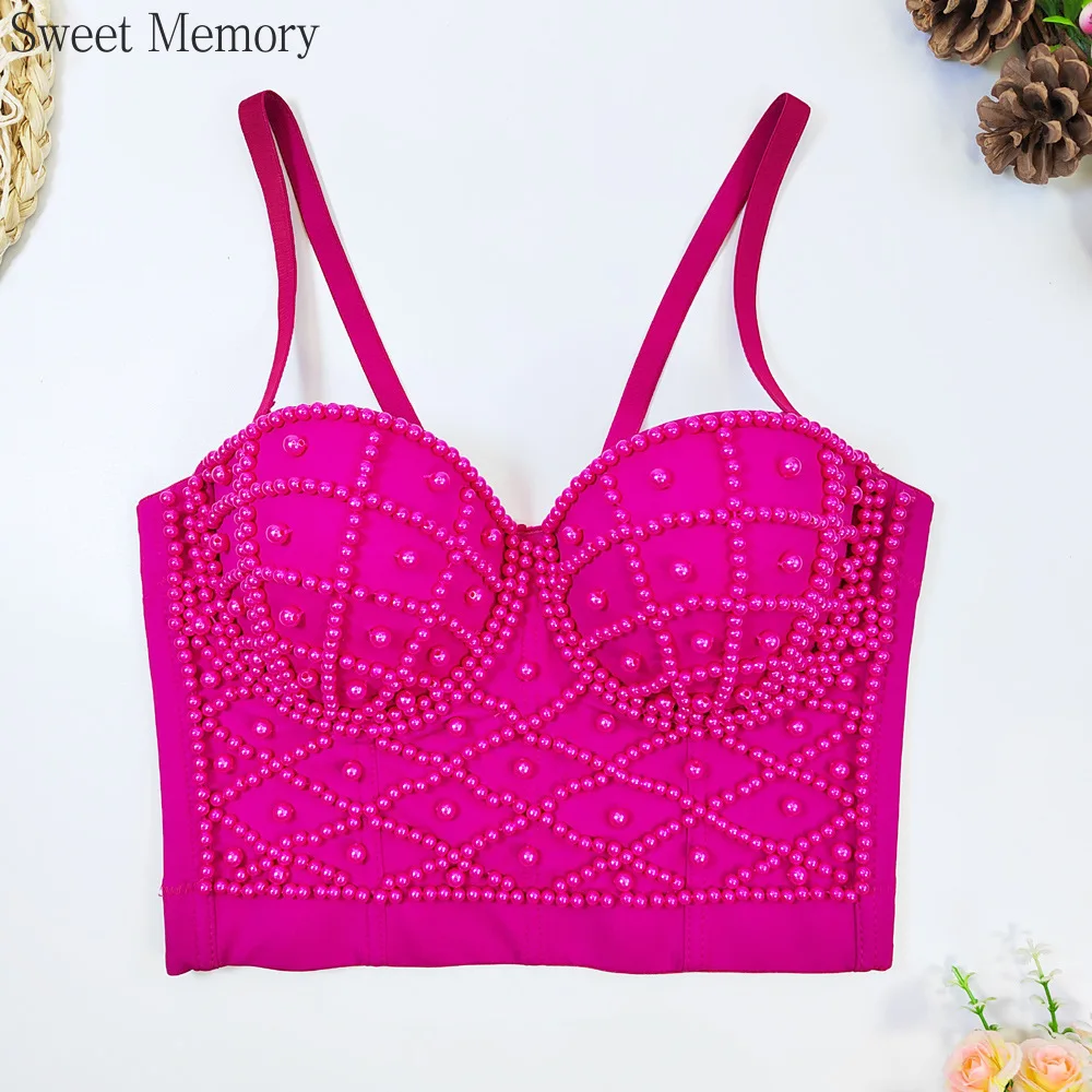 

Sweet Memory Pearls Rhinestone Tops Women Bustier White Tank Top Rave Festival Club Party Top Underwear Camis