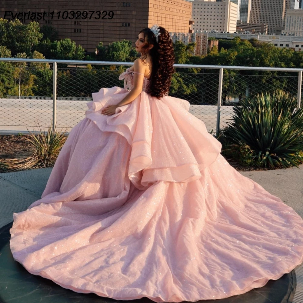 EVLAST-Brilhante Rosa Quinceanera Vestido De Baile, Applique Frisado Diamantes Camadas Espartilho, Doce 16, 15 Anos, TQD806