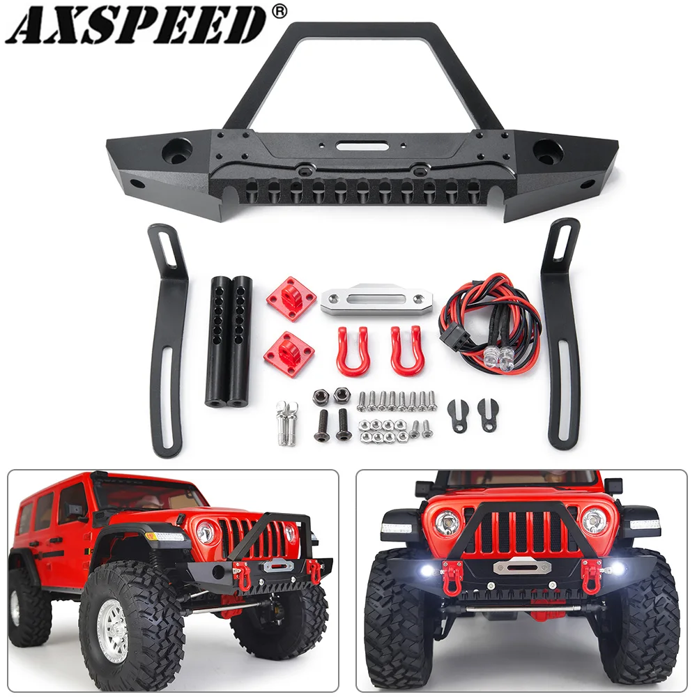 AXSPEED Metal Front Bumper with Tow Hook and LED Lights for 1:10 Axial SCX10 II 90046 & SCX10 III Wrangler Jeep Gladiator Parts