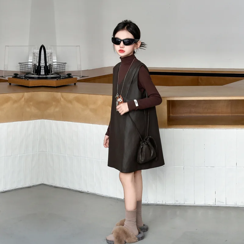 

Детский комплект платьев для девочек, осенняя водолазка для девочек-подростков, однотонная майка, кожаное платье без рукавов для школьниц, костюм из 2 предметов для девочек