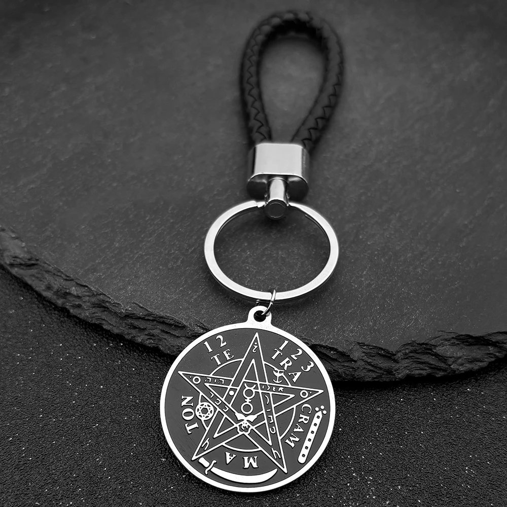 السحر القوطية الظلام الخماسي حامل المفاتيح الفولاذ المقاوم للصدأ الأصلي Tetragrammaton سليمان تميمة كيرينغ المجوهرات