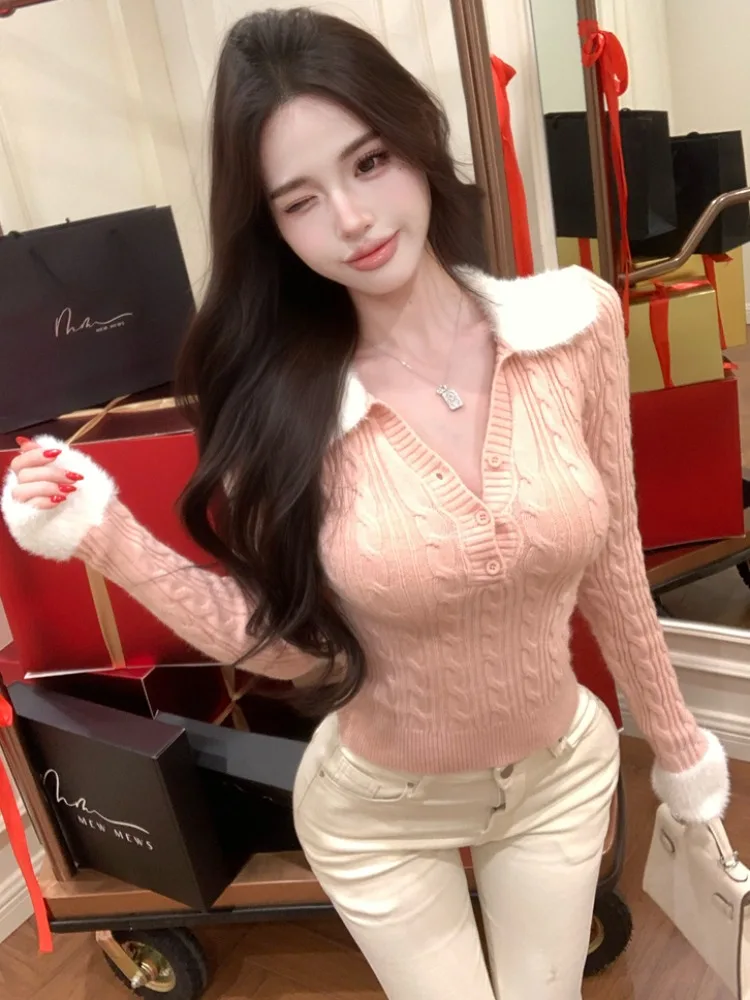 

Slim Fit Knitted Sweater Women's Autumn Winter Fashion Design Patchwork Wool Collar Twist Stripe Knitwear Breathable Citywalk