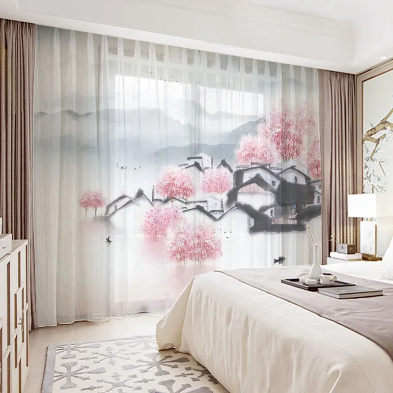 Custom Chiffon Sheer Curtain Window Drape for Bedroom Living Room Trees Floral Pink Houses River Boat Landscape