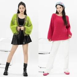 Autumn Winter Women Girl Casual Solid Pullover Sweater Coat Sweet Fashion Design Loose Short Stripe Knitted Cardigan Neon Green