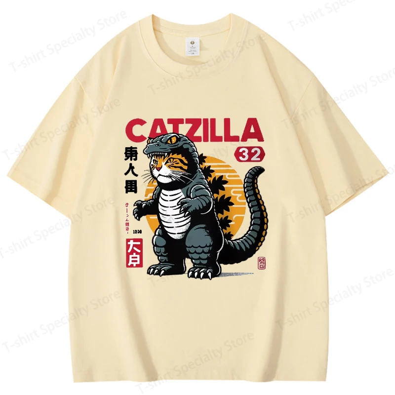 Catzilla Kreatives bedrucktes Herren-T-Shirt aus 100 % Baumwolle, übergroße, verspielte Grafik-T-Shirts für Damen, Tops, T-Shirts, Streetwear-T-Shirt – Detail 8