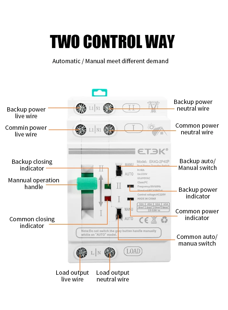ETEC DIN-Schienen 2P/4P ATS Dual-Power Automatischer Transferschalter Elektrische Wahlschalter Unterbrechungsfreie Stromversorgung 40A/63A PV-Energie – Detail 4