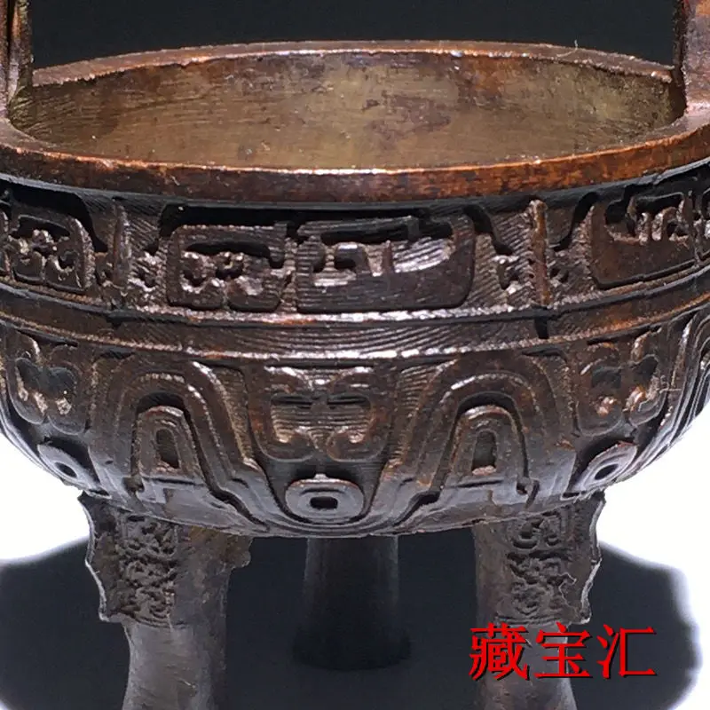 Vintage Collected Mini Bronze Tripod Ding Double Ears Incense Holder Carved Western Zhou Inscription