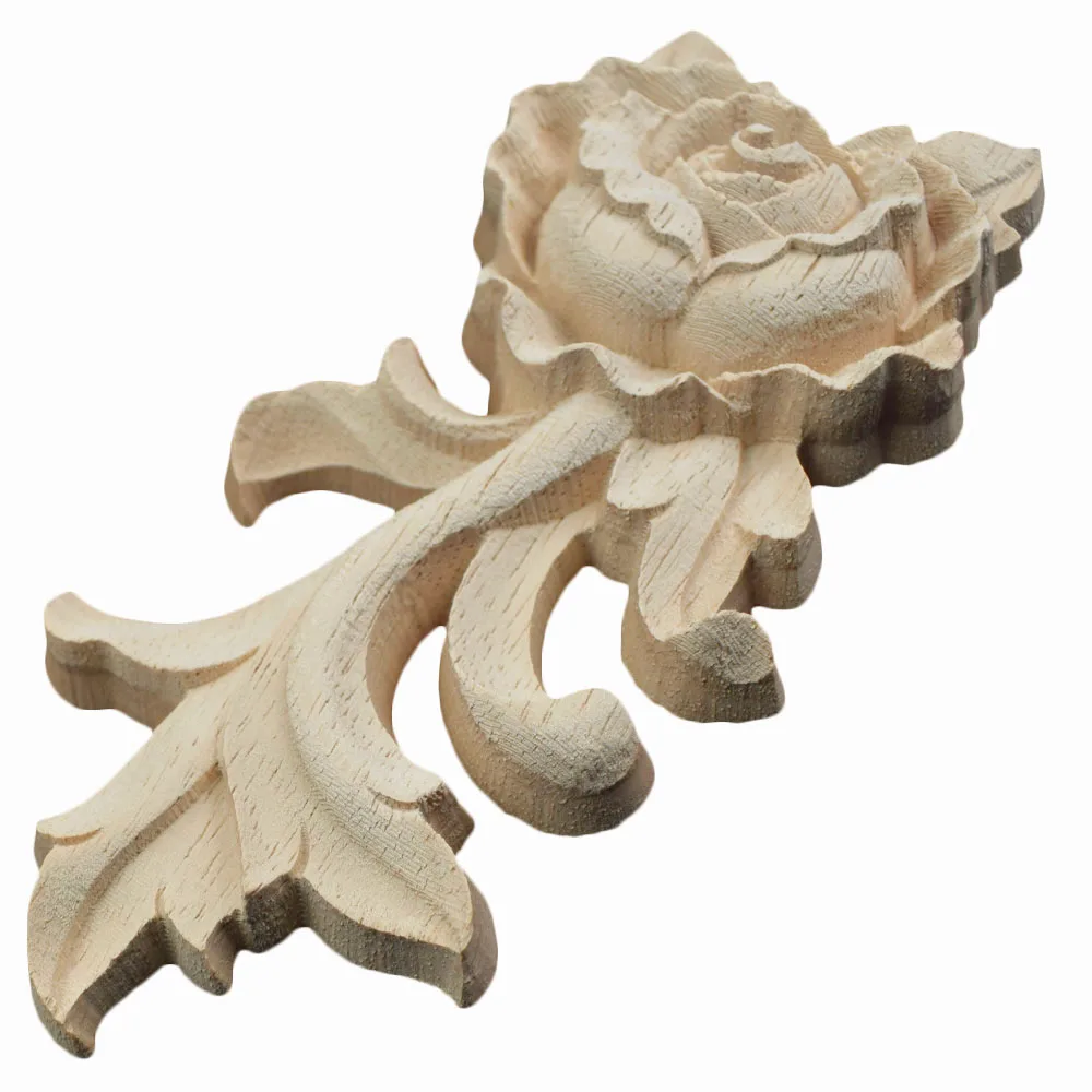 4PCS Ornamental Unpainted Long Leaves Rubber Wood Furniture Decoration Accessories Doors Wood Figurines Wood Decal Wood Applique