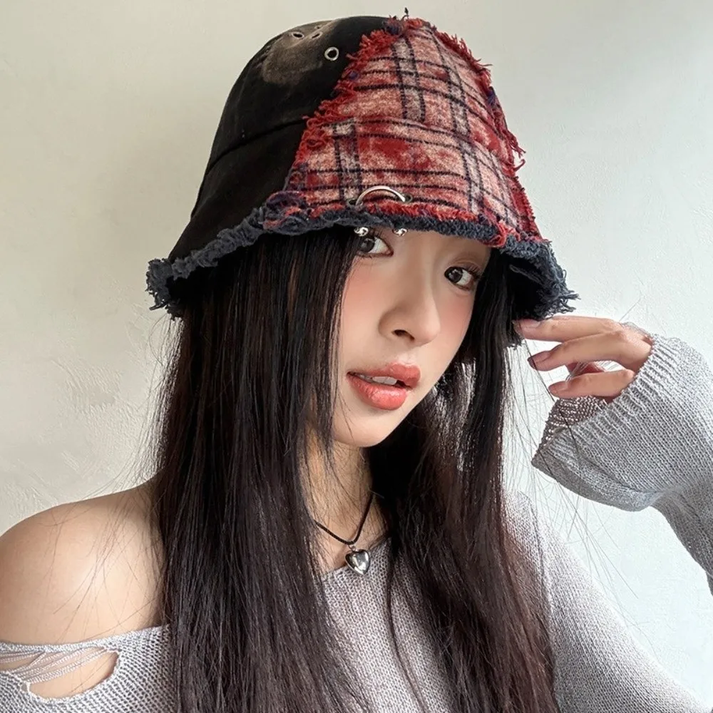 

Vintage Japanese Plaid Bucket Hat Beggar Style Splicing Retro Fisherman Hat Bule Patched Sun Protection Basin Cap Women