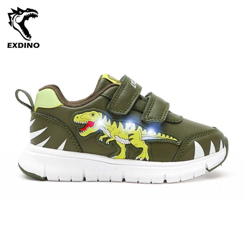 EXDINO Baby Kids LED T-REX Leather Autumn New Boys Girls Flashing Sneakers Light Up Dinosaur Little Children Casual Sports Shoes