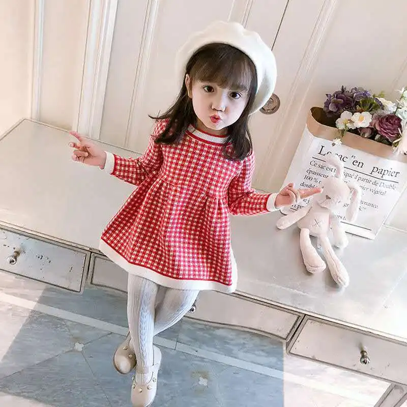 Autumn and Winter Girls\' New Checkered Printed Long Sleeve Color Blocked Sweet and Cute Fashion Warm Mini Woolen Dress