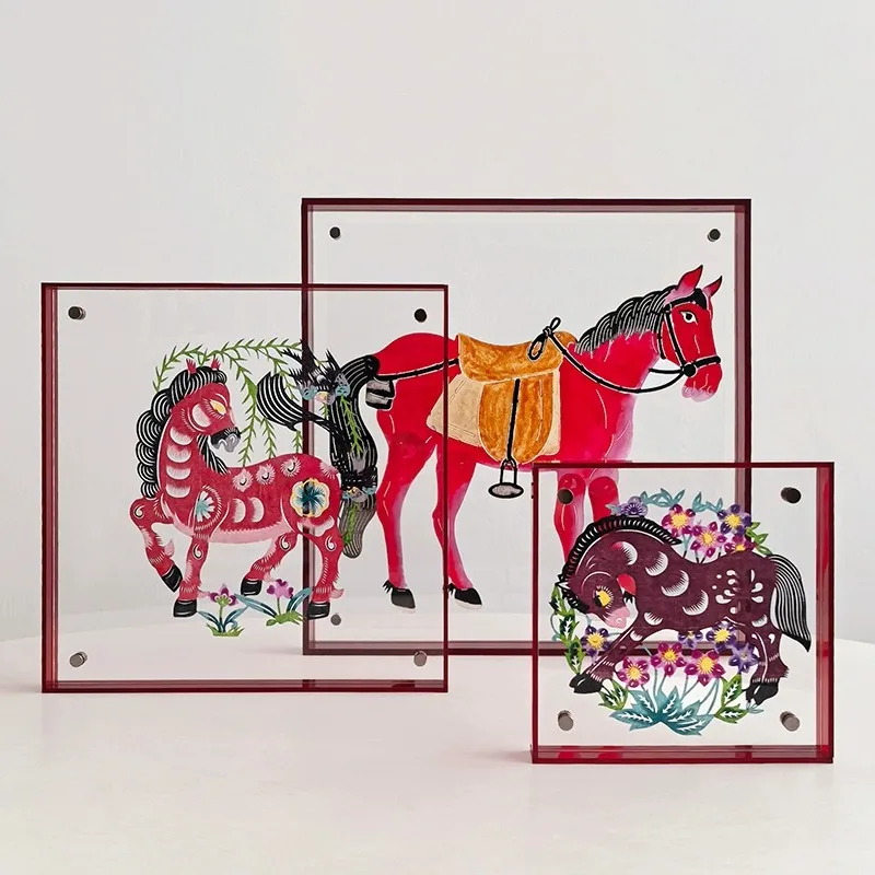 Non-heritage Painted Horse Shadow Puppet Display Frame, Transparent Acrylic Photo Frame, Folk Art Tabletop Decoration & Souvenir