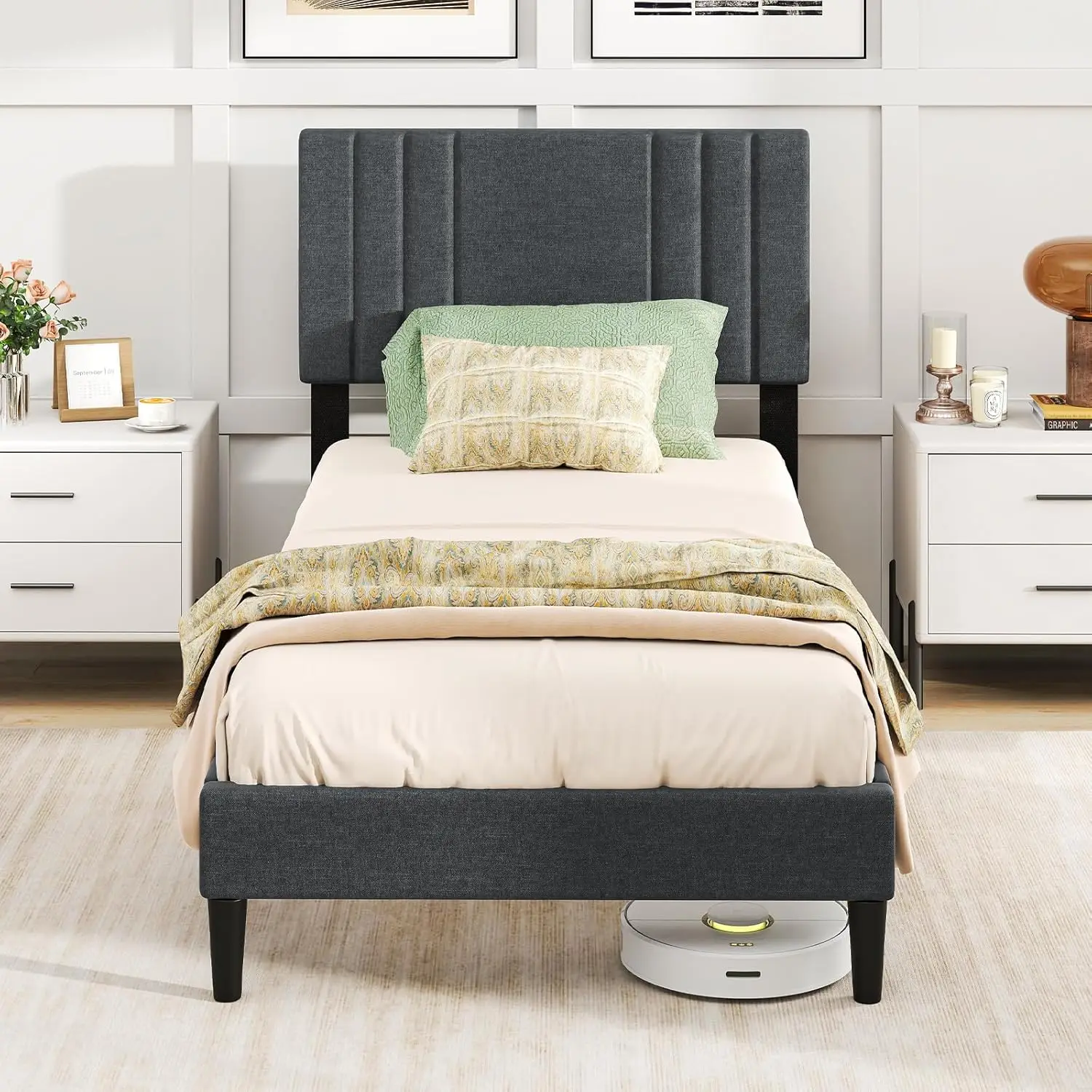 

Twin Bed Frames with Headboard, Modern Upholstered Platform Bed Frame with Vertical Channel Tufted Headboard