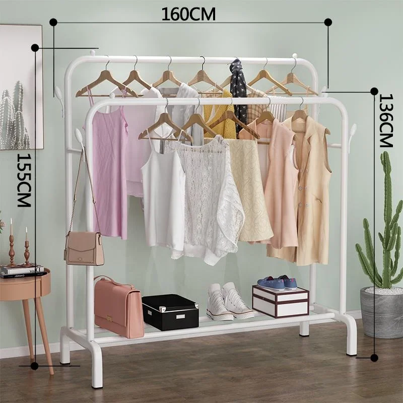Double Rod Portable Clothing Hanging Garment Rack With Bottom Shelves