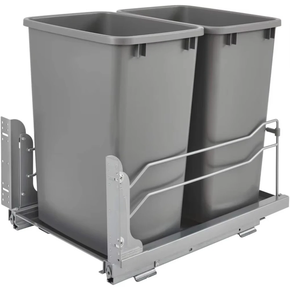 Double Pull-Out Trash Can for Under Kitchen Cabinets 35 Quart 8.75 Gallon with Soft-Close Slides, Metallic Silver, 53WC-1835SCDM