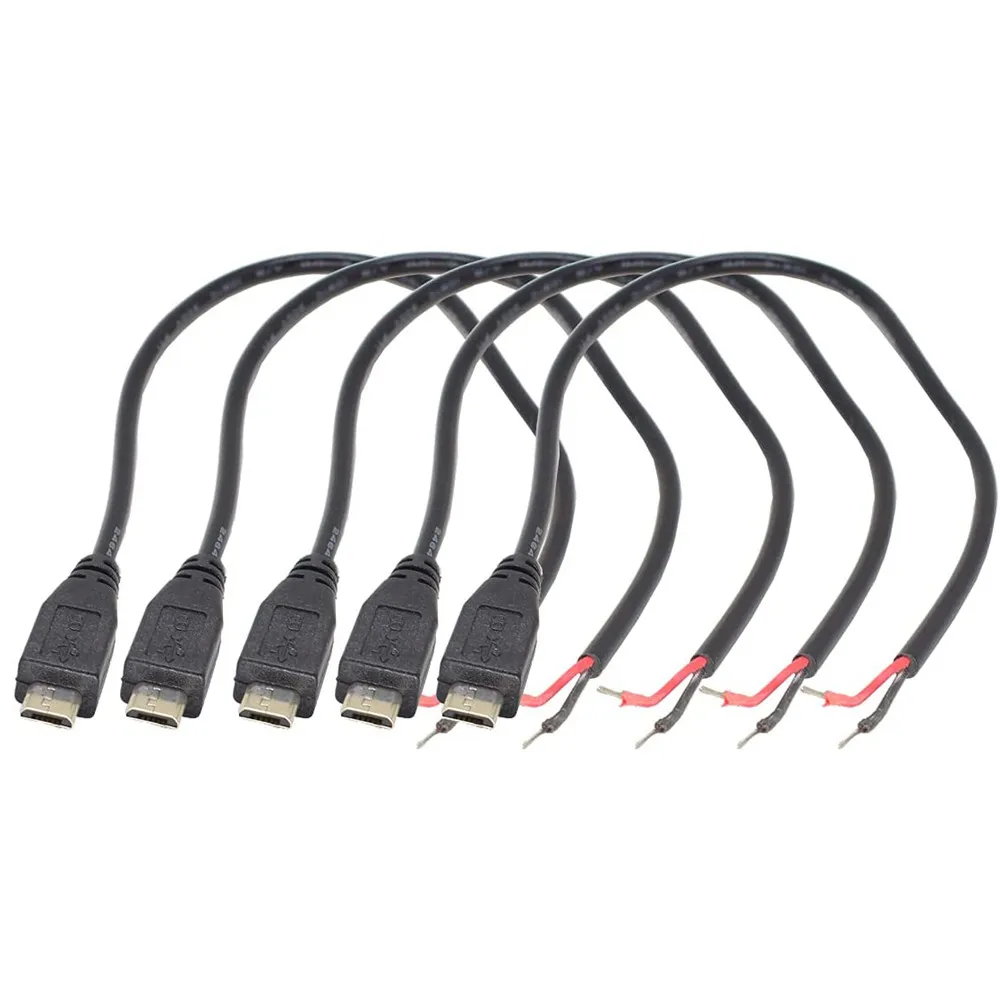 5pcs Micro USB Male Plug Cable 12inch 30cm 5V 3A 22AWG 2 Wires Power Pigtail Cable Cord DIY Black, 1 feet