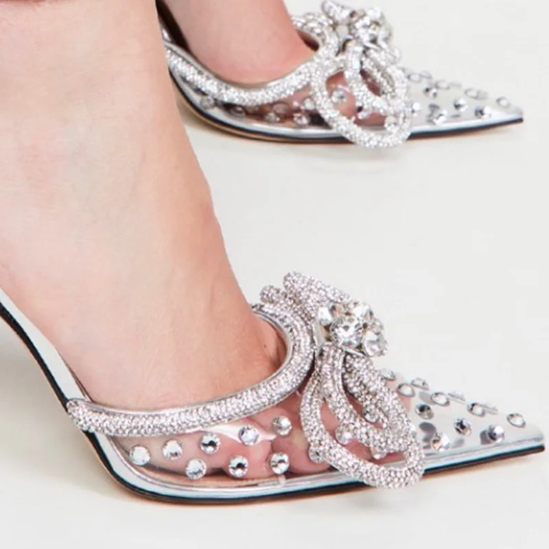 

Bow-Knot Rhinestone High-Heels Shallow Film Hot Diamond Sandals Large-Size Stiletto Pointed-Toe Flip-Flops Women Shoes