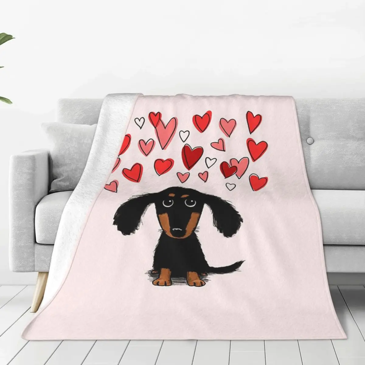 

Cute Dachshund Puppy Dog With Valentine Hearts Blanket Soft Warm Flannel Throw Blanket Cover for Bed Picnic Travel Home Couch