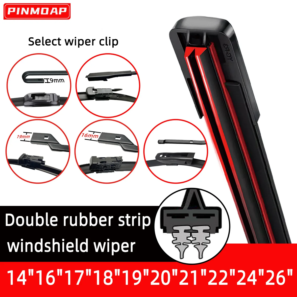 

Автомобильные бесшумные дворники PINMOAP с двойной резиновой полосой, выбор интерфейса J/19мм/16мм/байонетный/с защелкой, размеры 14-26 дюймов