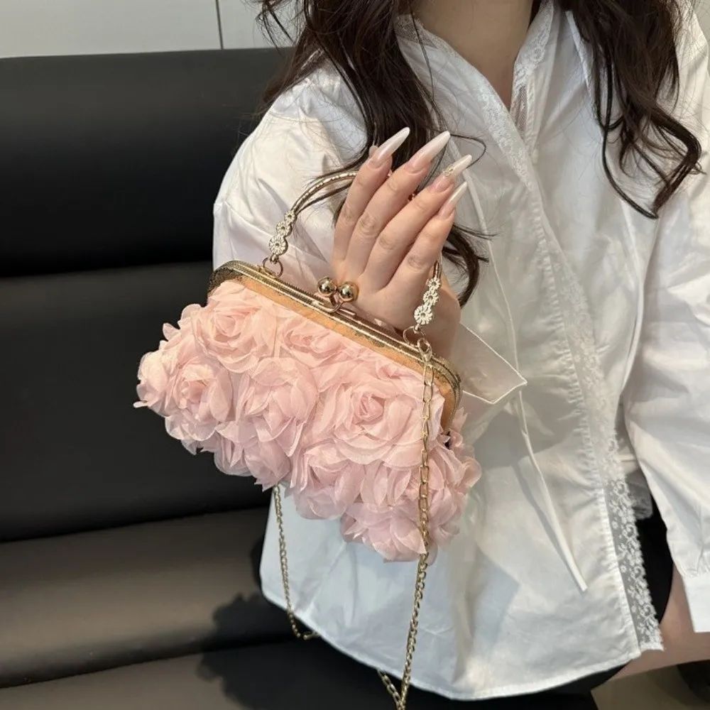 

Luxury Chiffon Evening Banquet Bag Chain 3D Kiss Lock Shoulder Bag Korean Style Handheld Crossbody Bag Wedding