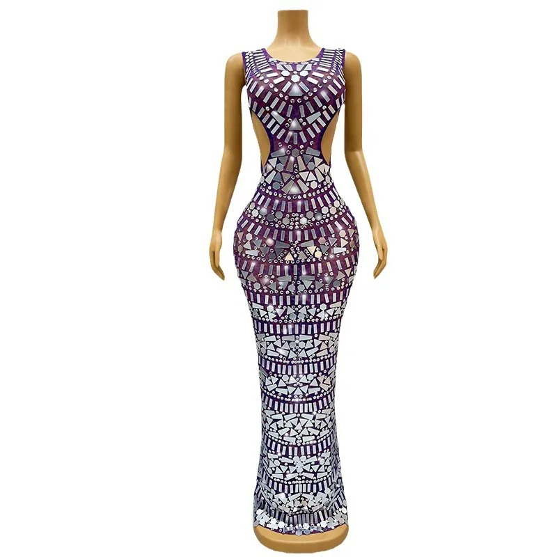 เพชรวันเกิดเสื้อผ้าสีม่วงเอวไนท์คลับบาร์เพชรชุดนักร้องรุ่น Catwalk จัดเลี้ยง Vestidos Para Mujer