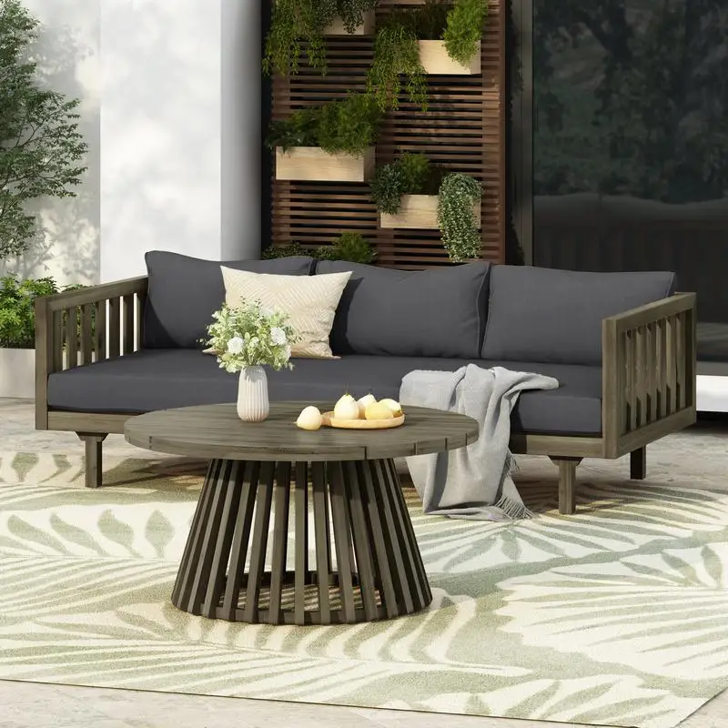 

Grey Acacia Wood Outdoor Furniture Set, 3-Seater Daybed with Water-Resistant Thick Cushions and Round Coffee Table, Dark Grey