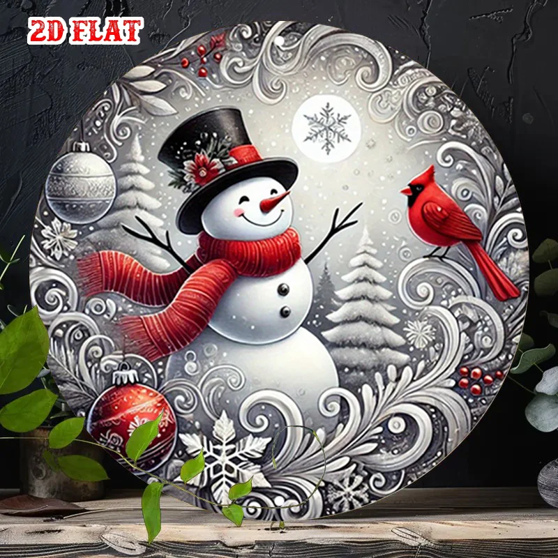2D Flat, 2D Flat 1pc Winter Round Aluminum Sign, Snowman Round Wall Decor Red Bird Rustic Metal Wall Art, Festive Metal Wall Art