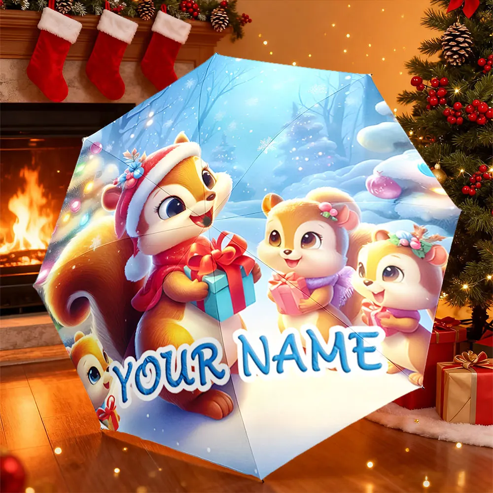 Custom Name Umbrella， Christmas Cartoon Squirrels with Gifts, Snowy Forest Scene ,Portable Folding Umbrella, Christmas Gift