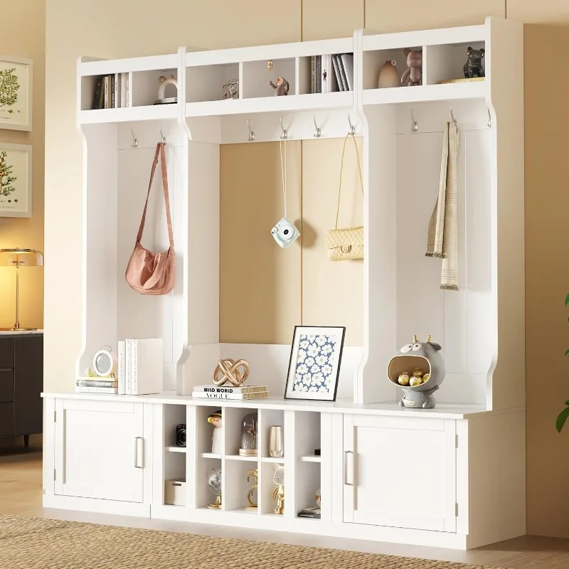 Wide Design Hall Tree with Storage Bench, Coat Rack and Shoe Cubbies for Entryway, Living Room