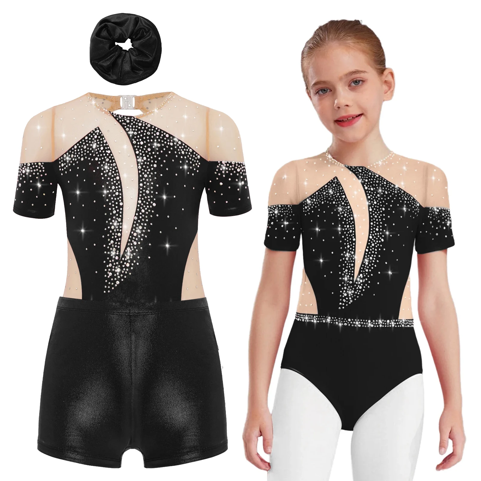 

Girls Ballet Dance Set Gymnastics Jersey Bodysuit Leotard with Shorts Hairband Color Block Figure Skating Practice Dancewear