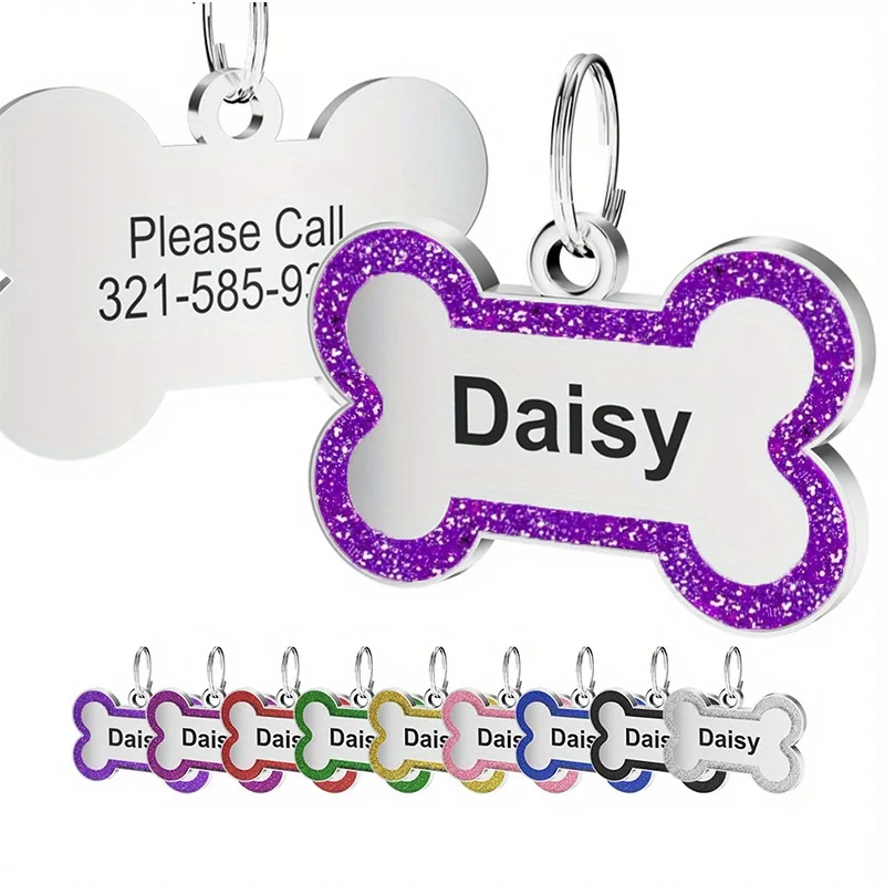 1 Stück Bella Personalisierte Hundemarke - Maßgefertigter Edelstahl-ID-Namensanhänger mit Glitzer-Knochen-Design, Ideales Haustiergeschenk für Hunde – Detail 8