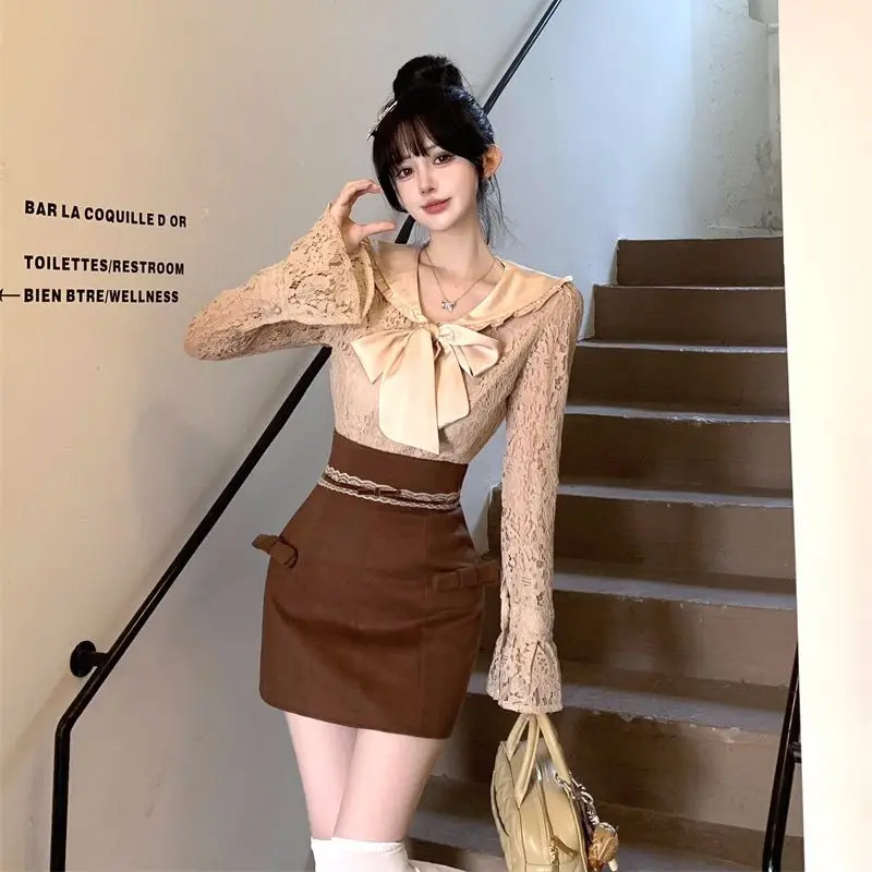 

Two-Piece Korean Skirt Set Complete Set Winter Clothes Sweet And Rich-Looking Retro Lace Shirt Top