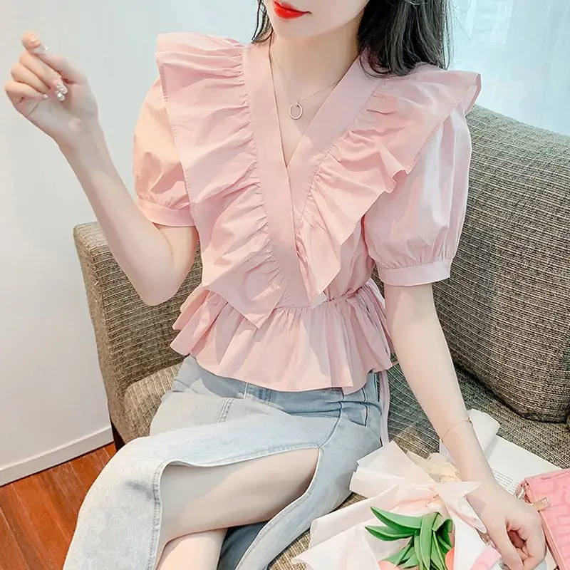 French Style Sweet Cute Summer New SolidV-neck Shirts Women\'s Patchwork Ruffles Drawstring Waist Retraction Short Sleeve Blouses