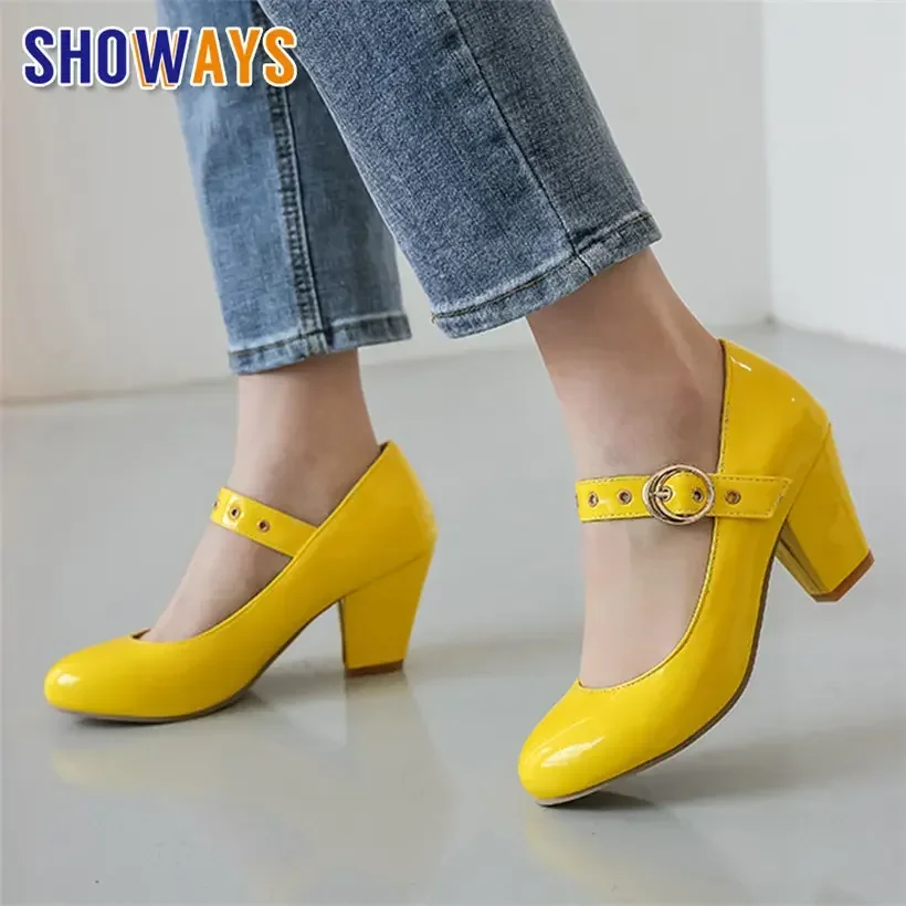 

Sweet Women Pumps High Chunky Heels Mary Janes Yellow Patent Leather Dress Party Office Lady Eyelet Buckle Strap Round Toe Shoes