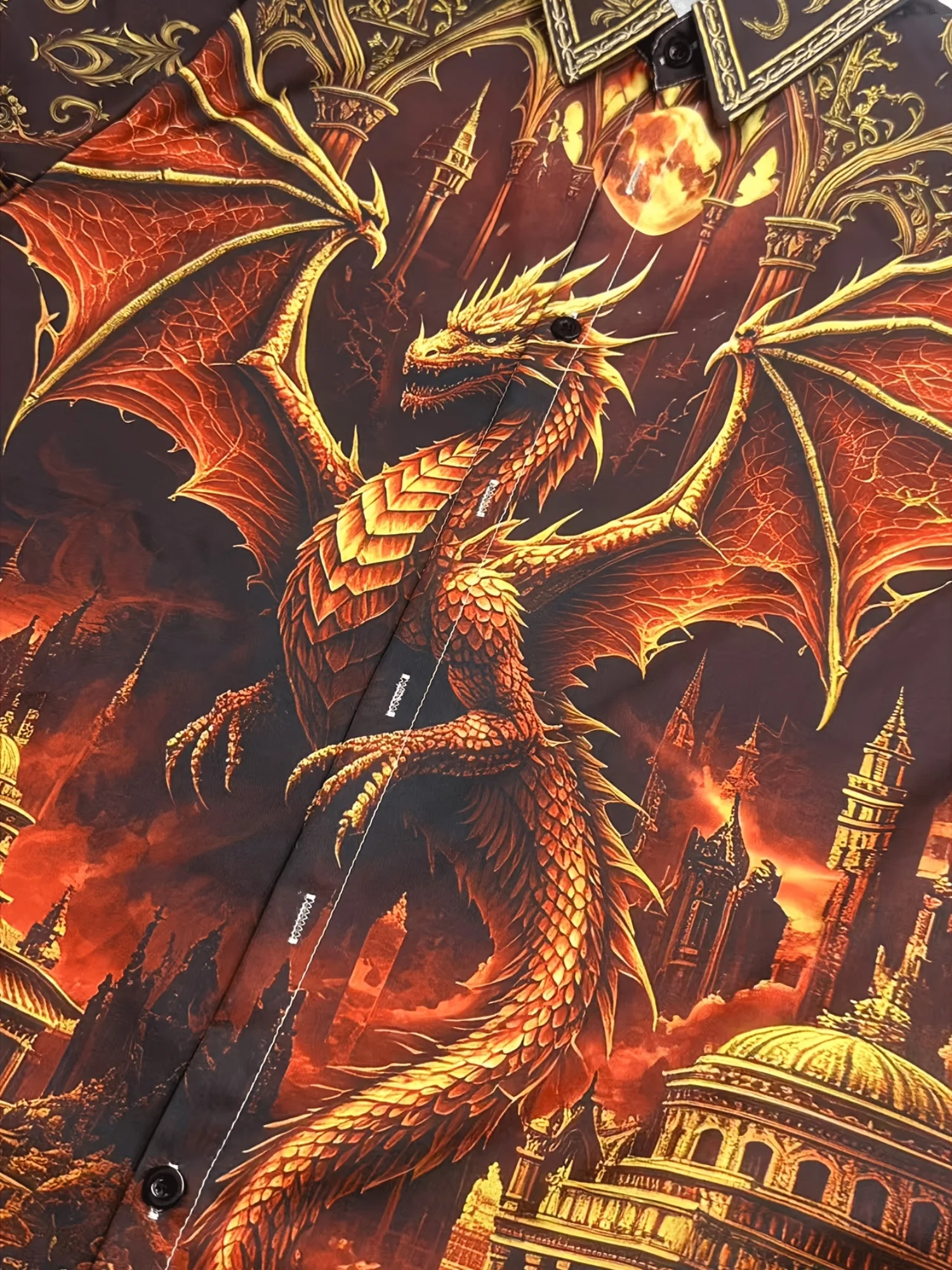 Men Long Sleeve Button Down Shirt Brown Golden Dragon Medieval Castle Print Polyester Lapel Collar Gothic Party