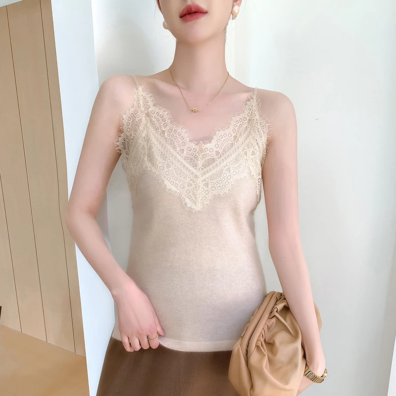 

New Spring Autumn Women's 100% Cashmere Lace Camisole Tank Top Sweater Delicate Soft Stylish Cardigan Inner Tank Top Knitwear