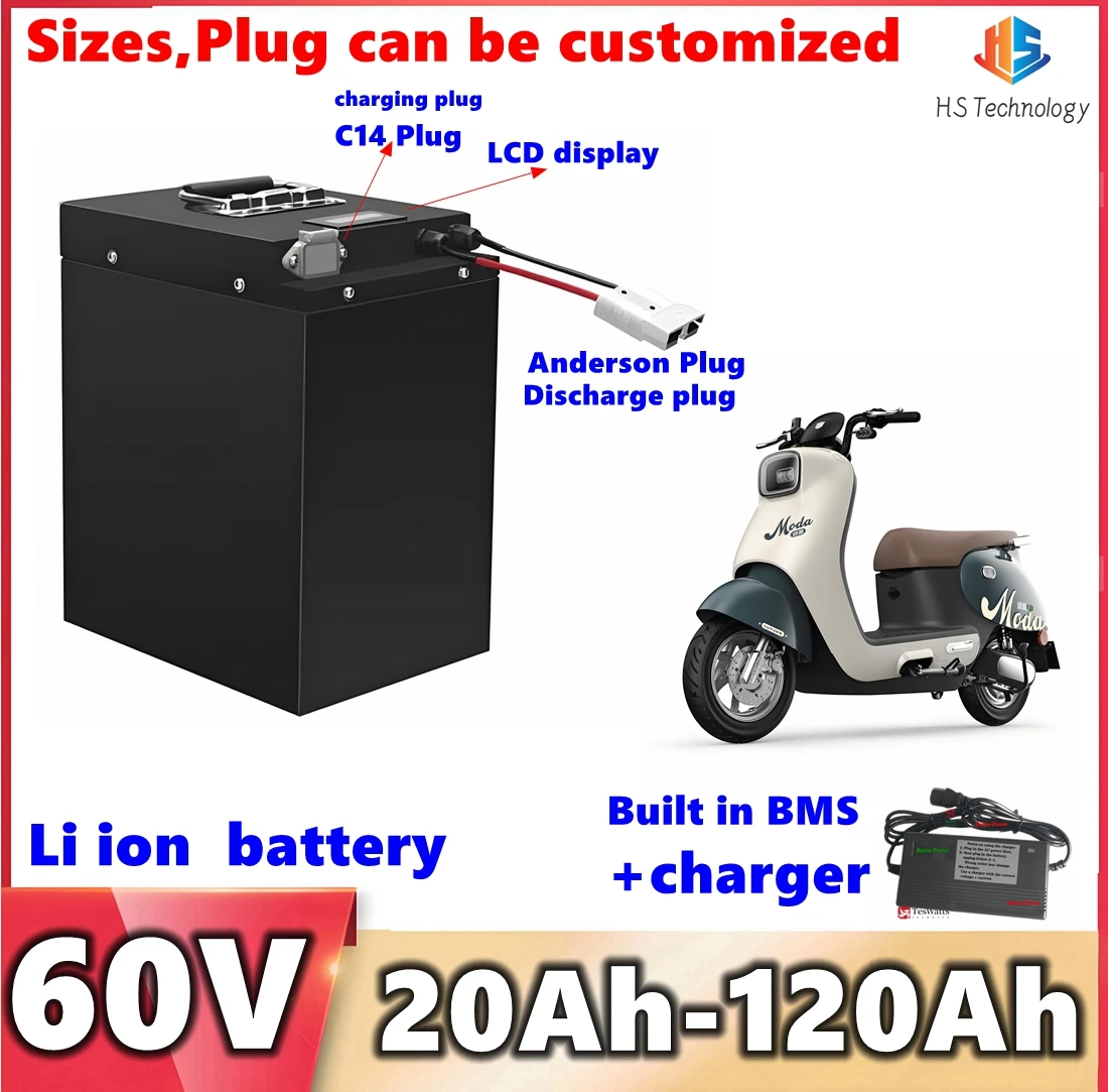 Battery 60V 20Ah 30Ah 40Ah 50Ah 60Ah 75Ah 100Ah 120Ah Lithium for Two-Wheeler Rickshaw AGV Demo Go Cart Skateboard Motocycle