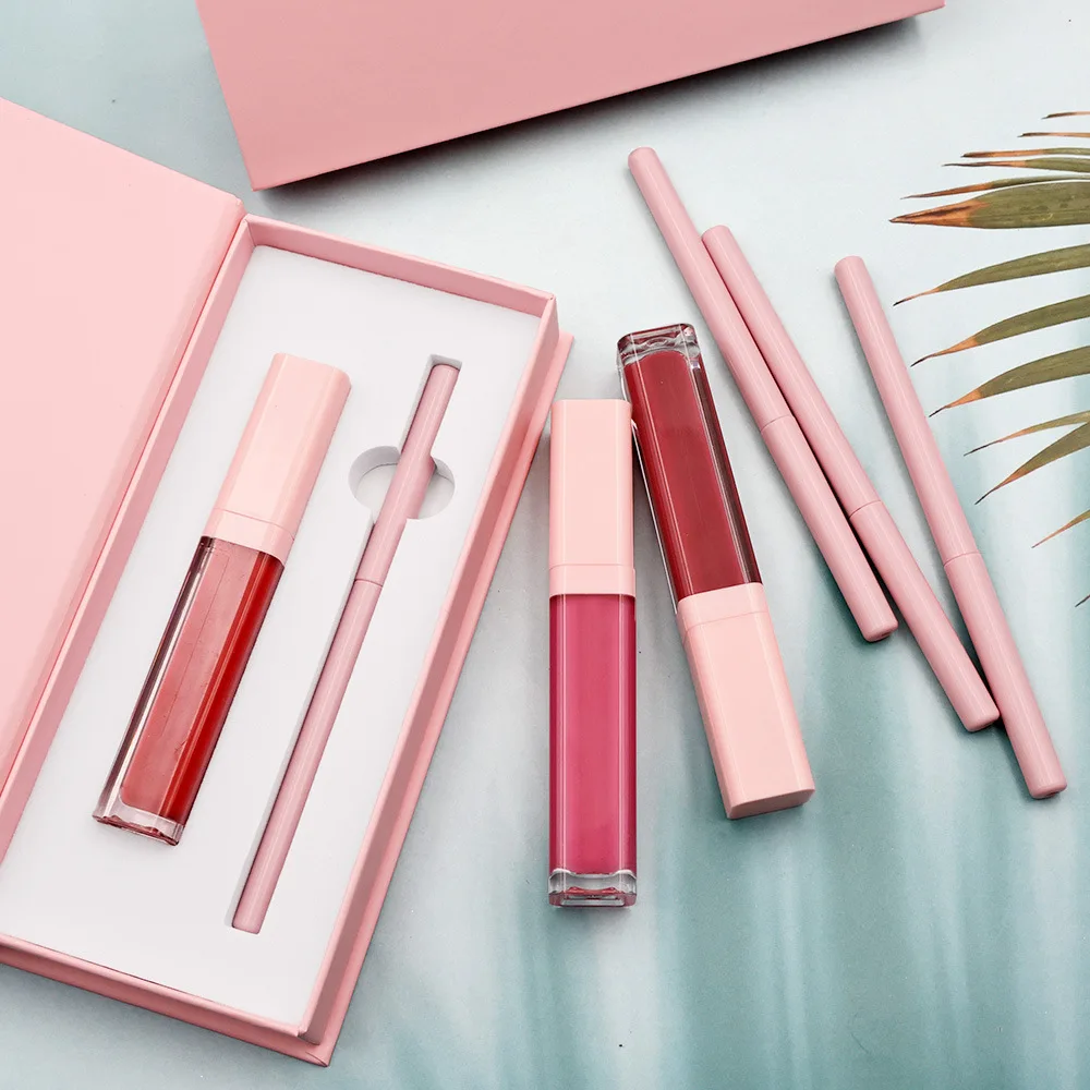Set di lucidalabbra opaco all'ingrosso Etichetta privata Kit di rossetti liquidi con scatola rosa Cruelty-Free Vegan Cremoso 2 in 1 Trucco sfuso