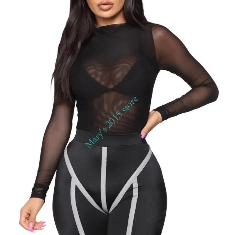 E15F Breathable Sheer Mesh Bodysuit Seamless Stretch Fabric Lightweight Comfort See Through Thin For Women