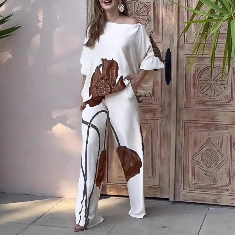 

Casual Flower Print Two Piece Set Loose Slanted Neck Bat Sleeve Pullover High Waist Wide Leg Pants Set Fashion Commuting Suit