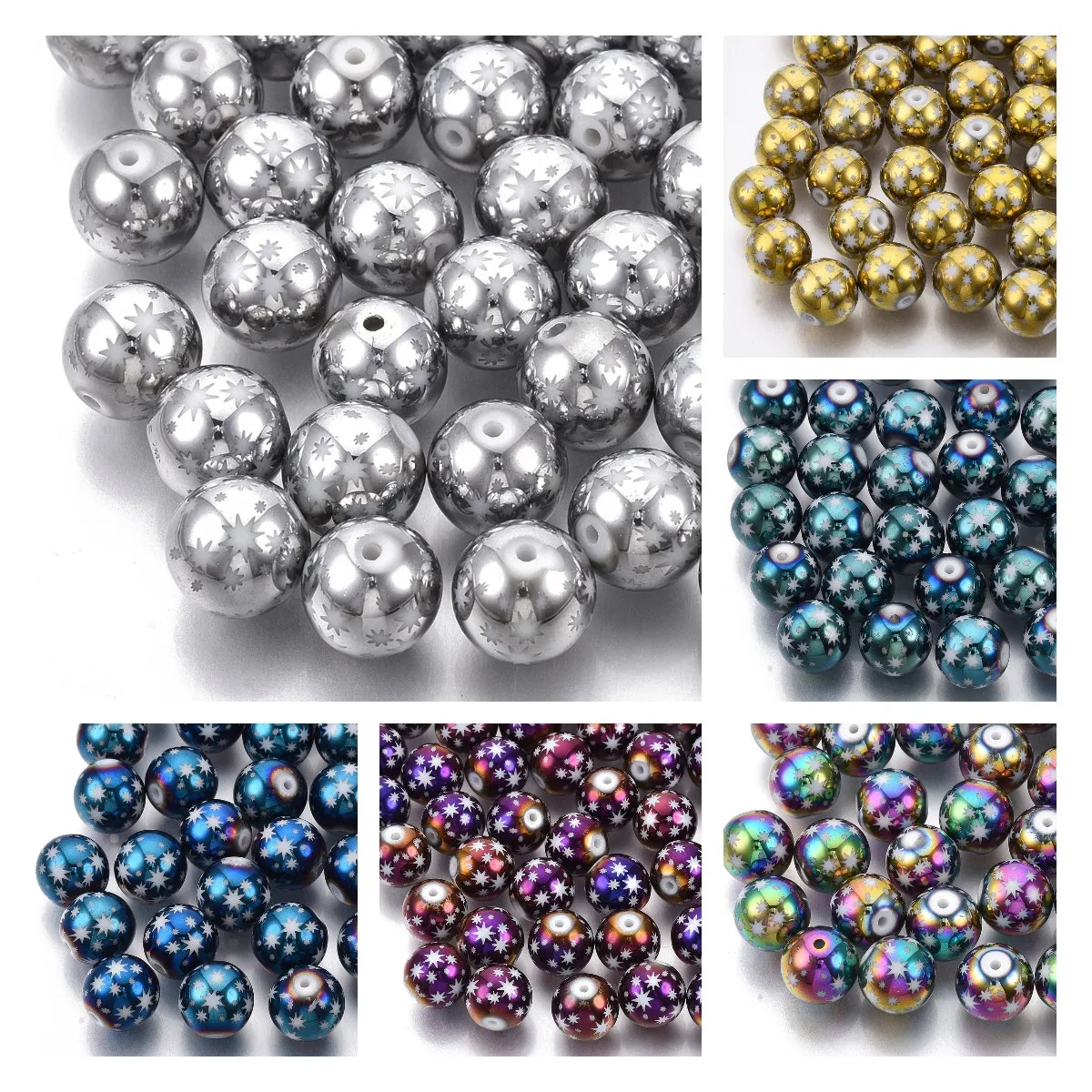 

20pcs 10mm Christmas Electroplate Glass Beads Round with Star Pattern Loose Beads for DIY Christmas Jewelry Making Accessories